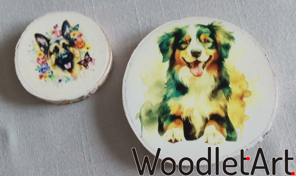 Pieski nadrukowane na drewnainych plastrach